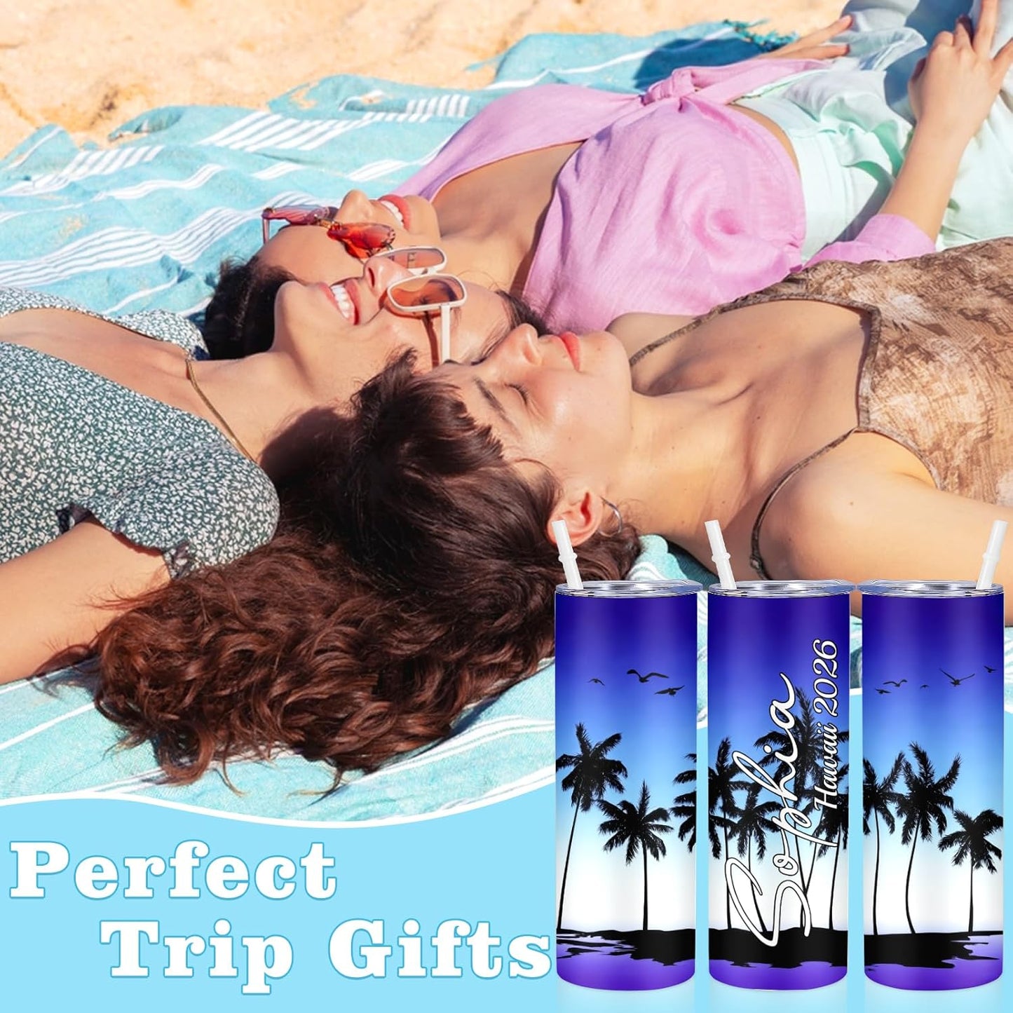Girl Trip Gifts for Women, Personalized Girls Trip Tumblers with Name Text, Custom Beach Tumbler, Road Trips Vacation Cruise Cup with Lid and Straw, Bachelorette Party Girl Weekend Gift For Friend
