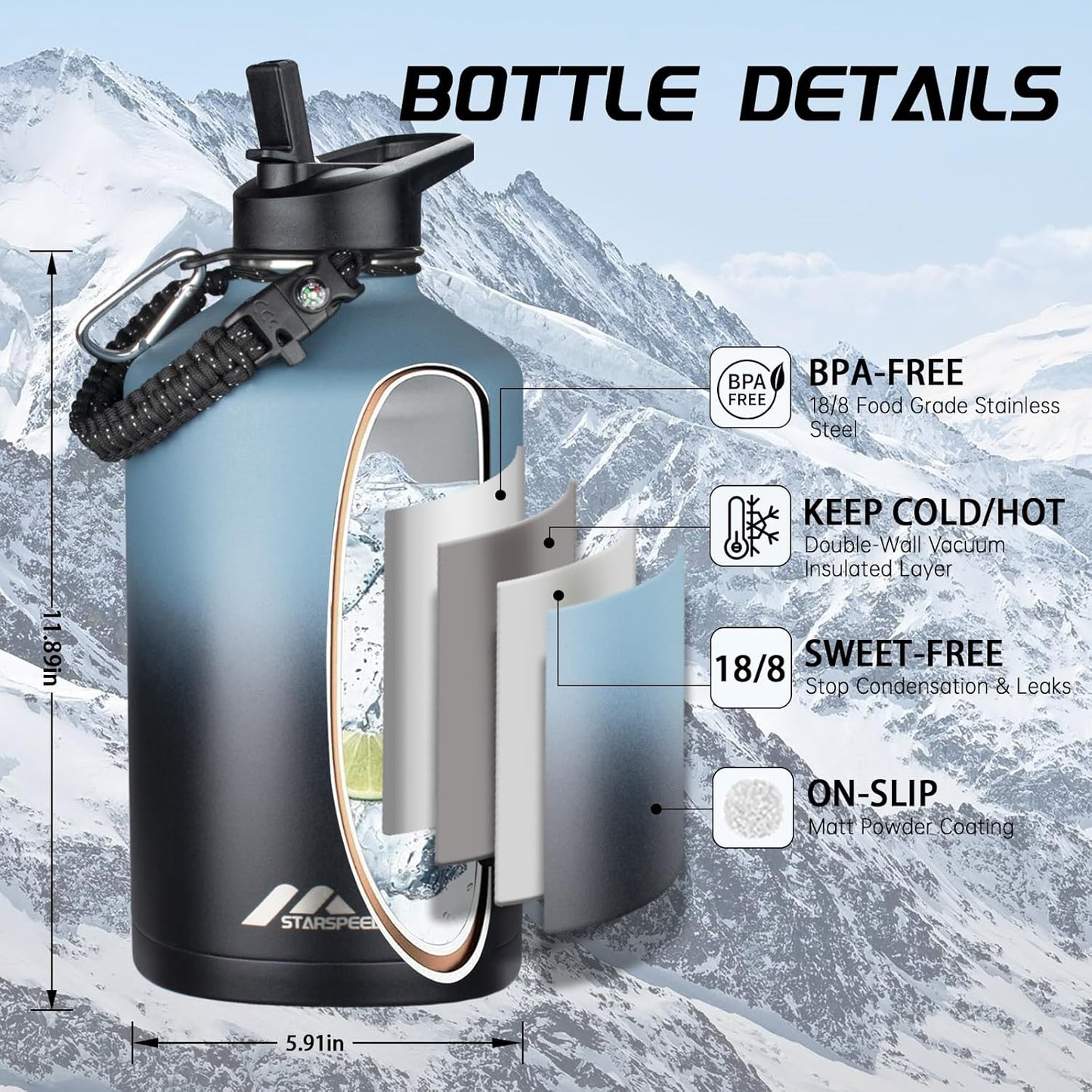 StarSpeed 32oz Insulated Water Bottle with Straw Lid, Stainless Steel Double Walled Vacuum Water Flask, Wide Mouth Sports Water Bottle for Gym Camping Hiking, Indigo Black