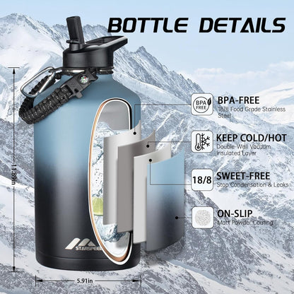 StarSpeed 32oz Insulated Water Bottle with Straw Lid, Stainless Steel Double Walled Vacuum Water Flask, Wide Mouth Sports Water Bottle for Gym Camping Hiking, Indigo Black
