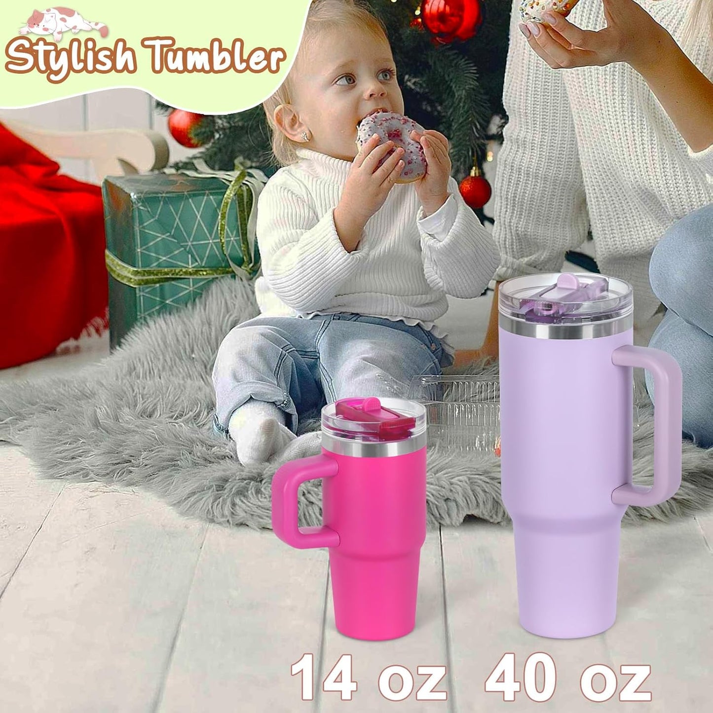 Cosictic 14 Oz Flip Straw Tumbler with Handle for Kids, Stainless Steel Double Wall Insulated Cup for Children with Flip Top Lid, 14 Oz Leak-proof Cups for Kids, Sky Blue and Purple