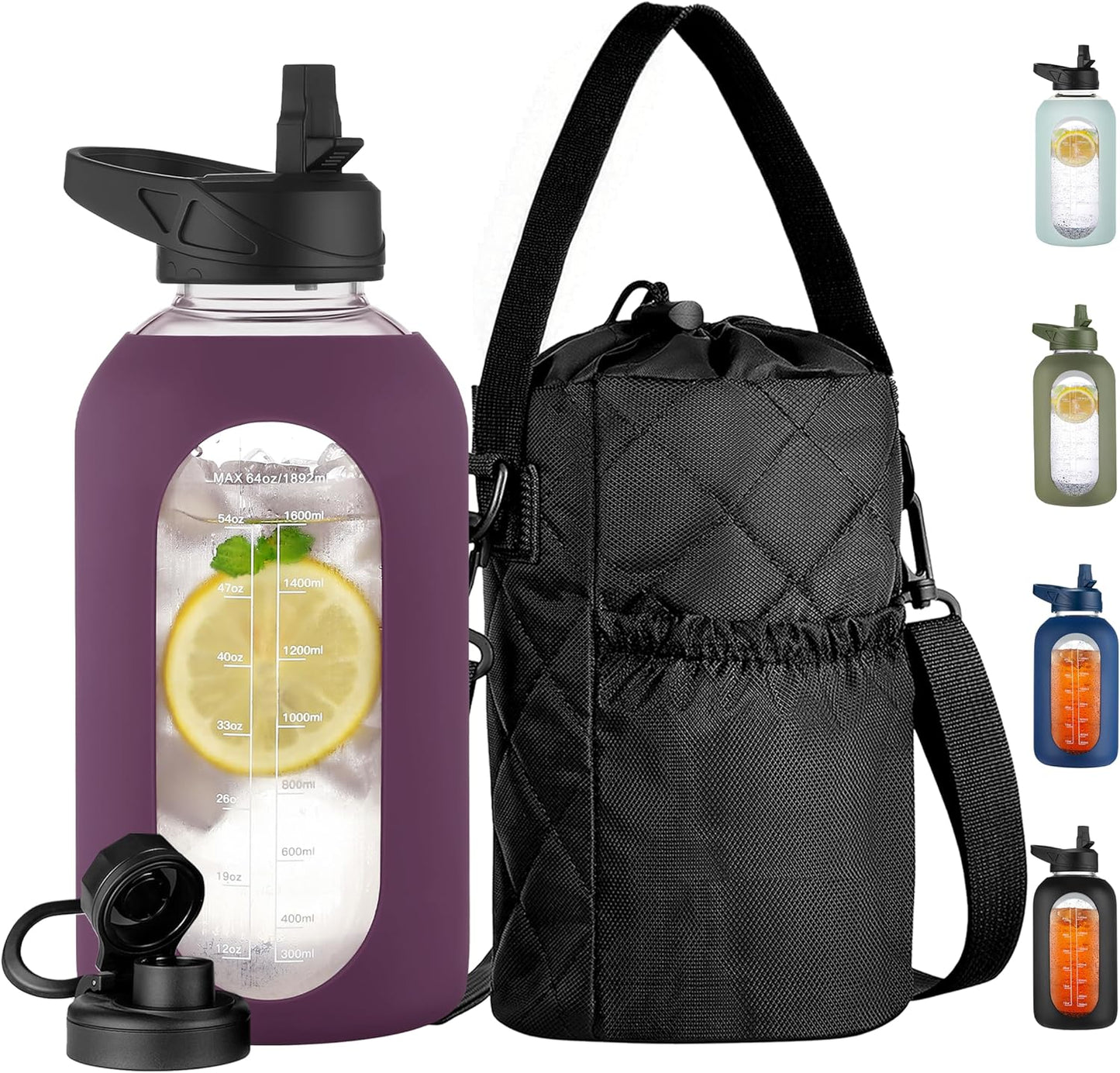 CIVAGO 32 oz Glass Water Bottle with Straw and Insulated Bottle Holder Sling, Motivational Water jug with Time Marker and Silicone Sleeve, Large Sport Water Flask with 2 Lids, Black