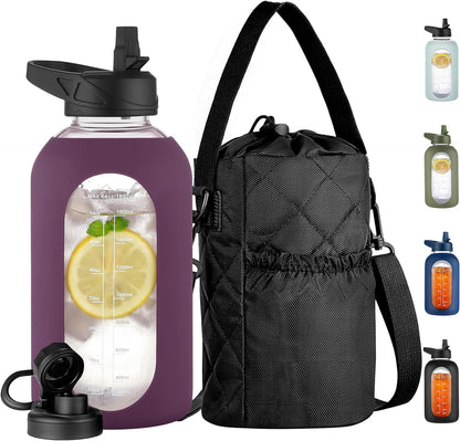 CIVAGO 32 oz Glass Water Bottle with Straw and Insulated Bottle Holder Sling, Motivational Water jug with Time Marker and Silicone Sleeve, Large Sport Water Flask with 2 Lids, Black