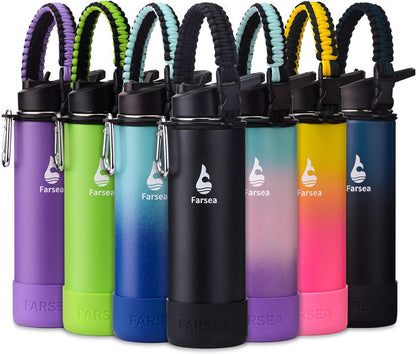 Farsea Insulated Water Bottle With Paracord Handle, Protective Silicone Boot and 2 Lids (Straw Lid & Spout Lid), Stainless Steel Water Bottle Wide Mouth, Double Wall Sweat-Proof BPA-Free, 24 oz
