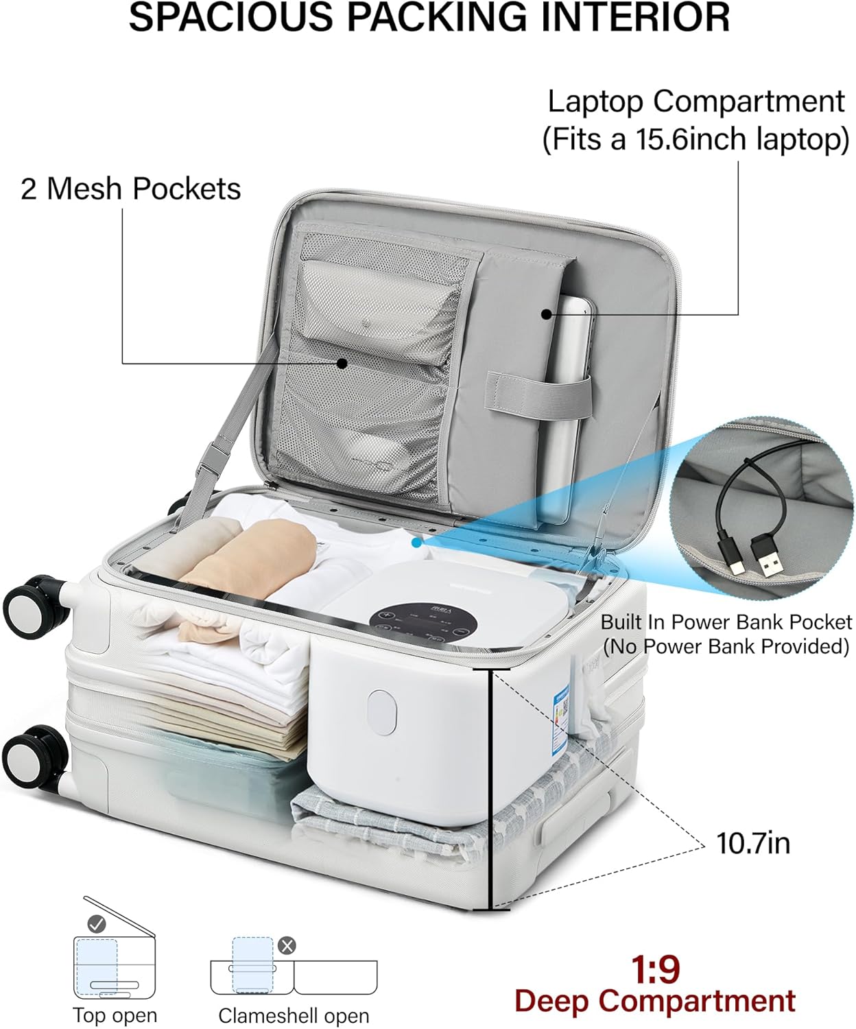 Hanke 20 Inch Expandable Carry On Luggage with Cup Holder 22x14x9 Airline Approved, Top Opening Hard Shell Suitcases with Wheels, Carry-On Travel Suitcase Trunk Luggage with Lock, Smoke White