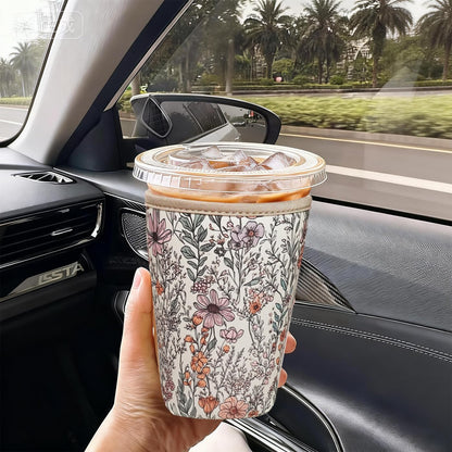 Reusable Insulated Neoprene Iced Coffee Cup Sleeve, Durable Drink Sleeve for Cold Beverages, Beverage Holder for Iced Coffee, Floral Checkers