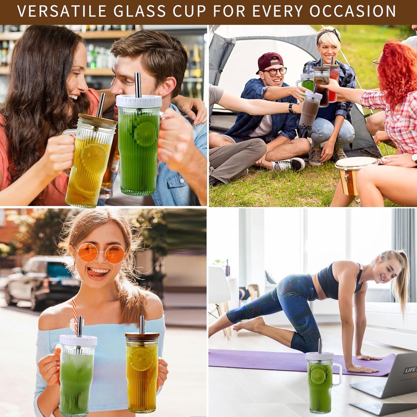 2Pack 40OZ Glass Tumbler with Handle,Glass Cup with Lid and Straw,Reusable Glass Iced Coffee Cup for Beer, Smoothies, Juice,Hot/Cold Drinks-Suitable for Birthday,Wedding