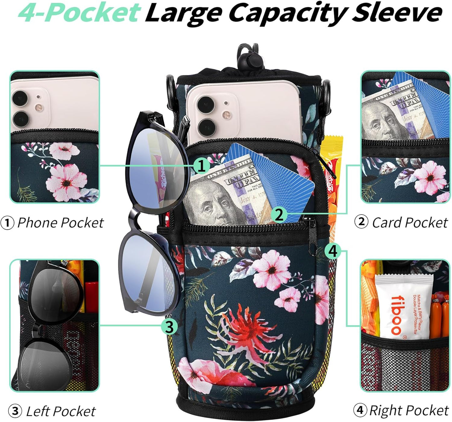 AceTreker 32/40/64/87/128 oz Water Bottle Carrier Bag, Neoprene Water Bottle Sleeve with 4 Pocket, Sport Water Holder with Paracord Handle and Shoulder Strap for Walking Hiking Camping Gym