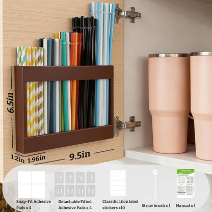 9.5” Large Acrylic Straw Holder for Cabinet Door with Detachable Ultra Sticky Adhesive Squares and Stickers, 2026 Reusable Straws Organizer Storage Dispenser for Kitchen Counter Cupboard