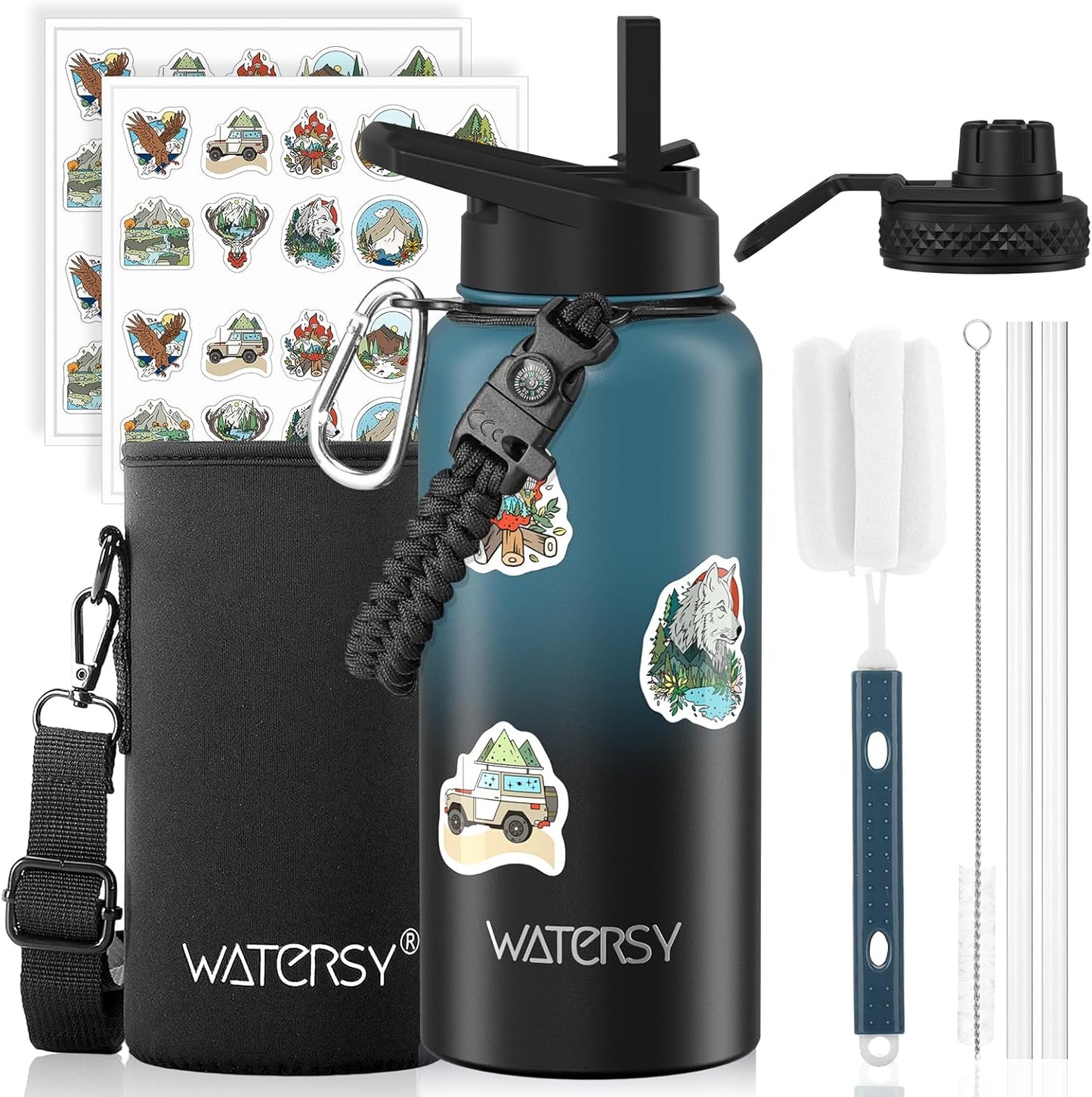 40oz Insulated Water Bottle (Cold for 48 Hrs),BPA Free&Leak Proof,Stainless Steel Water Flask,Water Jug with Straw Spout Lids for Gym,Hiking,Travel,Black Blue