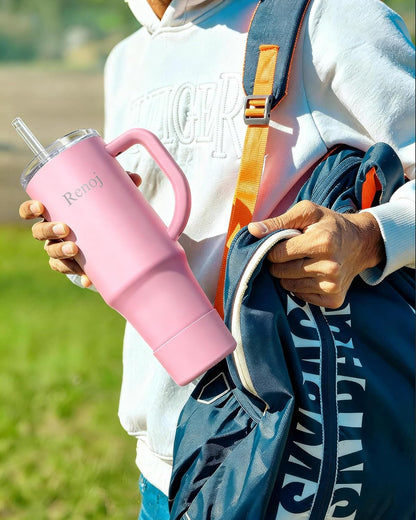 Renoj Insulated Mug 100% Leak Proof Insulated Water Bottle for Iced Coffee & Hot Drinks - Fits Car Cup Holder, Ideal Gift, 2 Straws & Silicone Boot - SnapShift Pink 32 oz