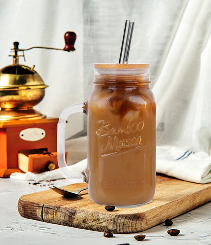 ANOTION Mason Jar Iced Coffee Cup with Lid and Straw, 24oz Regular Mouth Mason Jars with Handle Glass Coffee Drinking Glasses Tumbler Reusable Cups Bottles for Iced Coffee Cups for Travel Office Home
