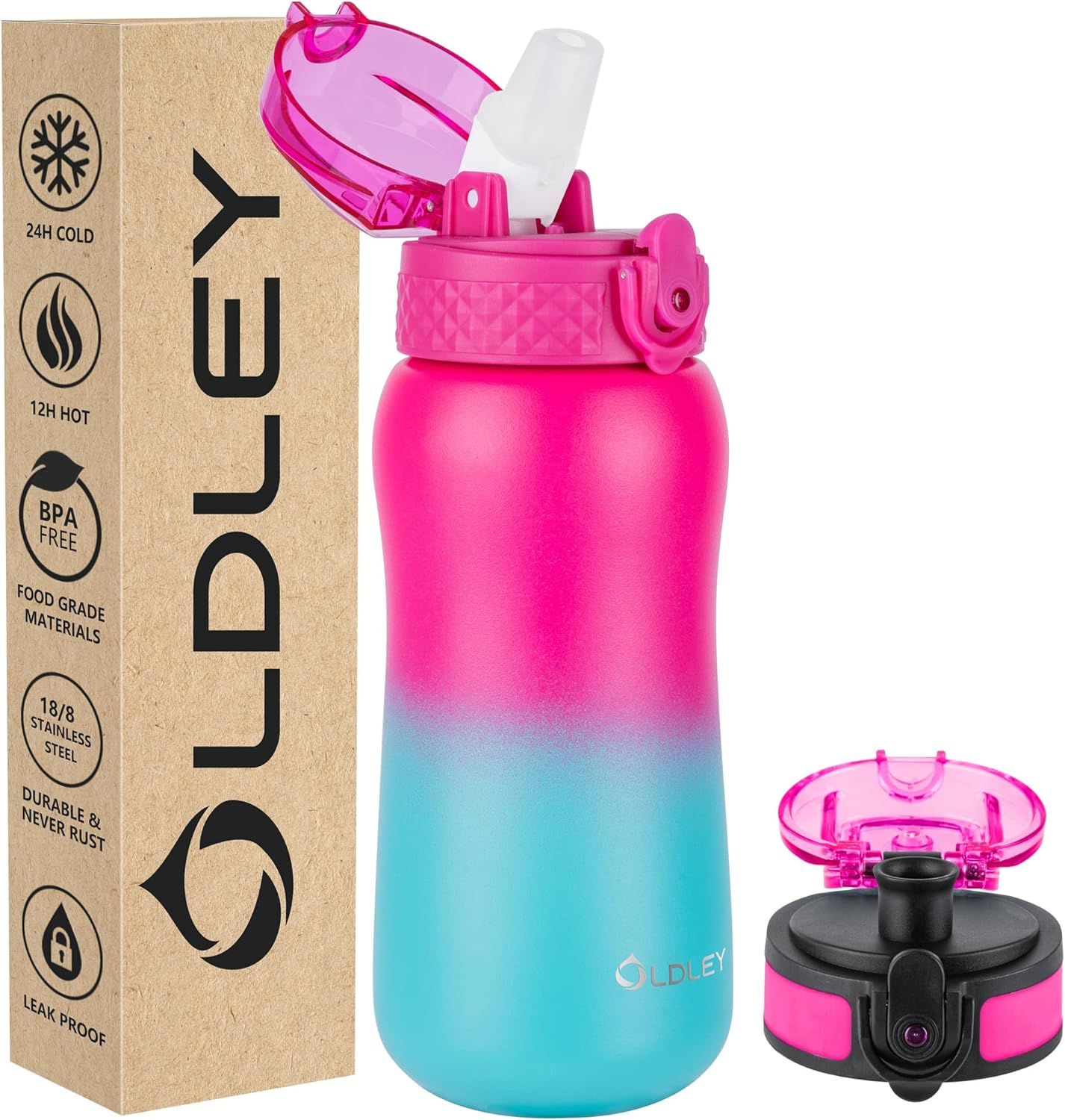 Oldley Insulated Water Bottle 20oz for Adults Kids Stainless Steel Water Bottles with Straw/Chug/Carabiner 3 Lids Fruit Strainer Double Wall Vacuum Wide Mouth BPA Free Leak-Proof for School Travel