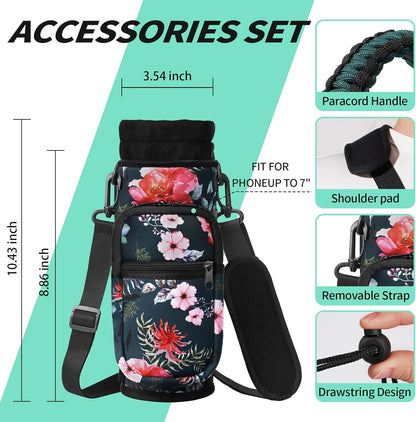 AceTreker 32/40/64/87/128 oz Water Bottle Carrier Bag, Neoprene Water Bottle Sleeve with 4 Pocket, Sport Water Holder with Paracord Handle and Shoulder Strap for Walking Hiking Camping Gym