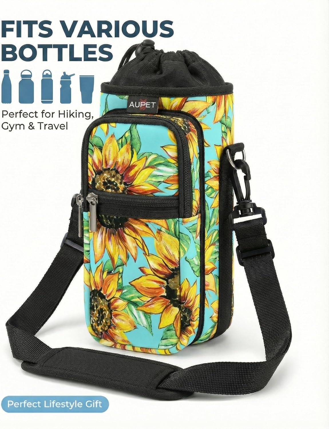 AUPET Water Bottle Sling Bag Sleeve Holder Carrier 25/32/40/64 oz,Insulated Crossbody Water Bottle Case Cover with Strap and Pockets for Men/Women Walking Hiking