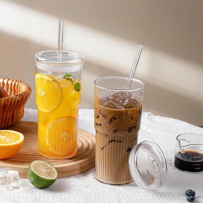 Iced Coffee Cups with Lids: Coffee Bar Accessories - Ribbed Glass Tumbler with Straw and Lid 4Pcs - 20oz Leak Proof Tumbler - Reusable Glass Cups and Tumblers with Lid and Straws for To Go Iced Coffee