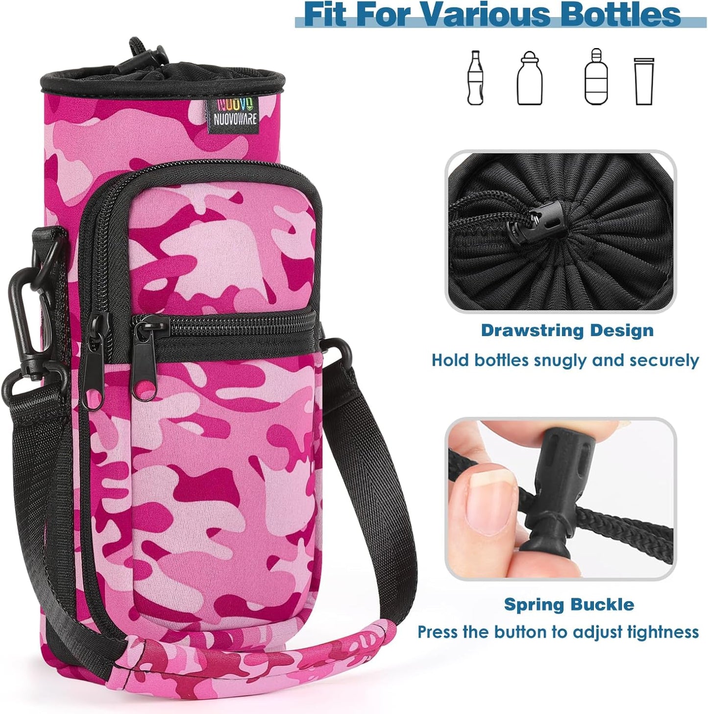 Nuovoware Water Bottle Carrier Bag,25oz/40oz/64oz Bottle Pouch Holder,Adjustable Shoulder Hand Strap 2 Pocket Sling Neoprene Sleeve Sports Accessories for Hiking Travelling Camping