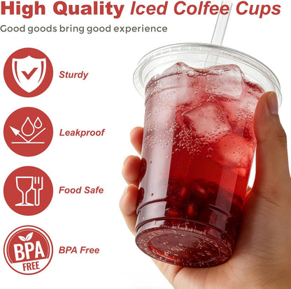 Ginkgo 32 oz Clear Plastic Cups with Lids and Jumbo Straws, Disposable To Go Iced Coffee Cups for Smoothie, Boba Milk Tea - 50 Pack