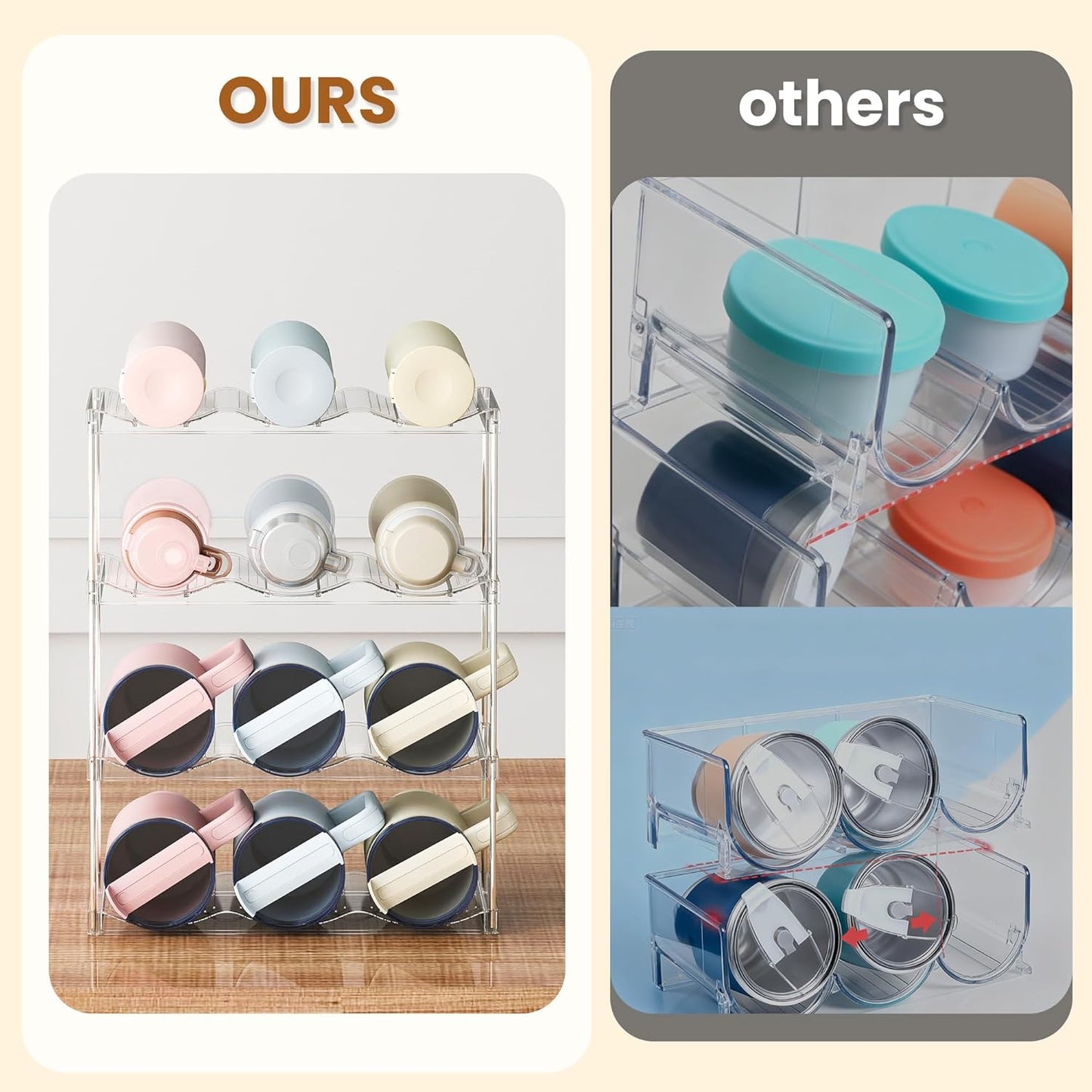 LAMU Stackable Water Bottle Holder Organzier for 40 oz Large Tumbler, 2 Tier Clear Tumbler Bottle Cup Rack for Kitchen Cabinet Organziers and Storage, Hold 6