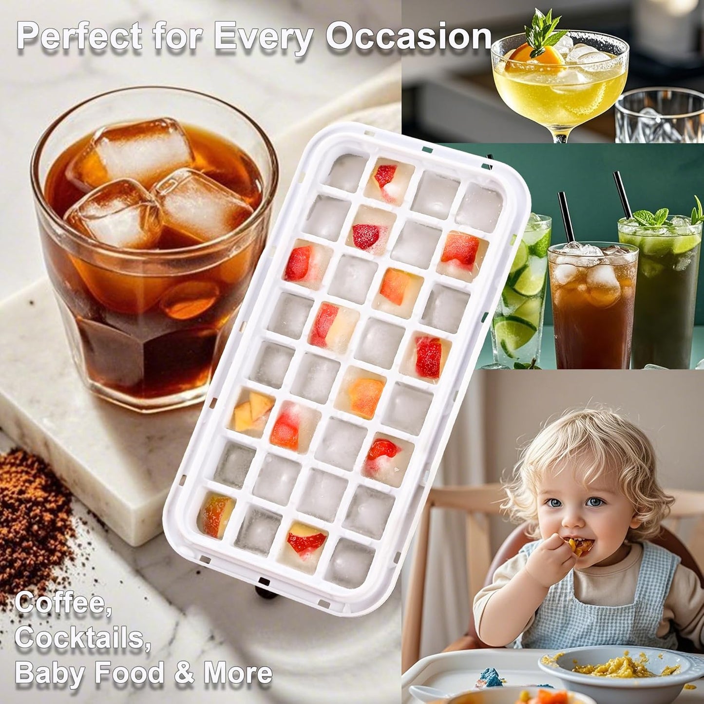 Ice Trays for Freezer with Lid & Bin, Ice Cube Tray Making 64 pcs Ice Cubes, Easy Press to Release Ice, Ice Tray with Storage Bin Chilling Cocktail Whiskey Coffee 2 Trays 1 Ice Bucket & Scoop (Black)