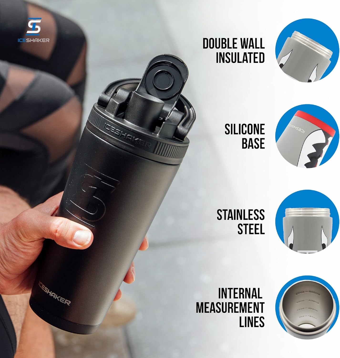 Ice Shaker Insulated Stainless Steel Shaker Bottle | 26oz, Bomber | Cold for 30+ Hours | Insulated Cup with Twist-on Agitator | Odor-Free Bottle for Protein Shakes, Water, Smoothies, Cocktails