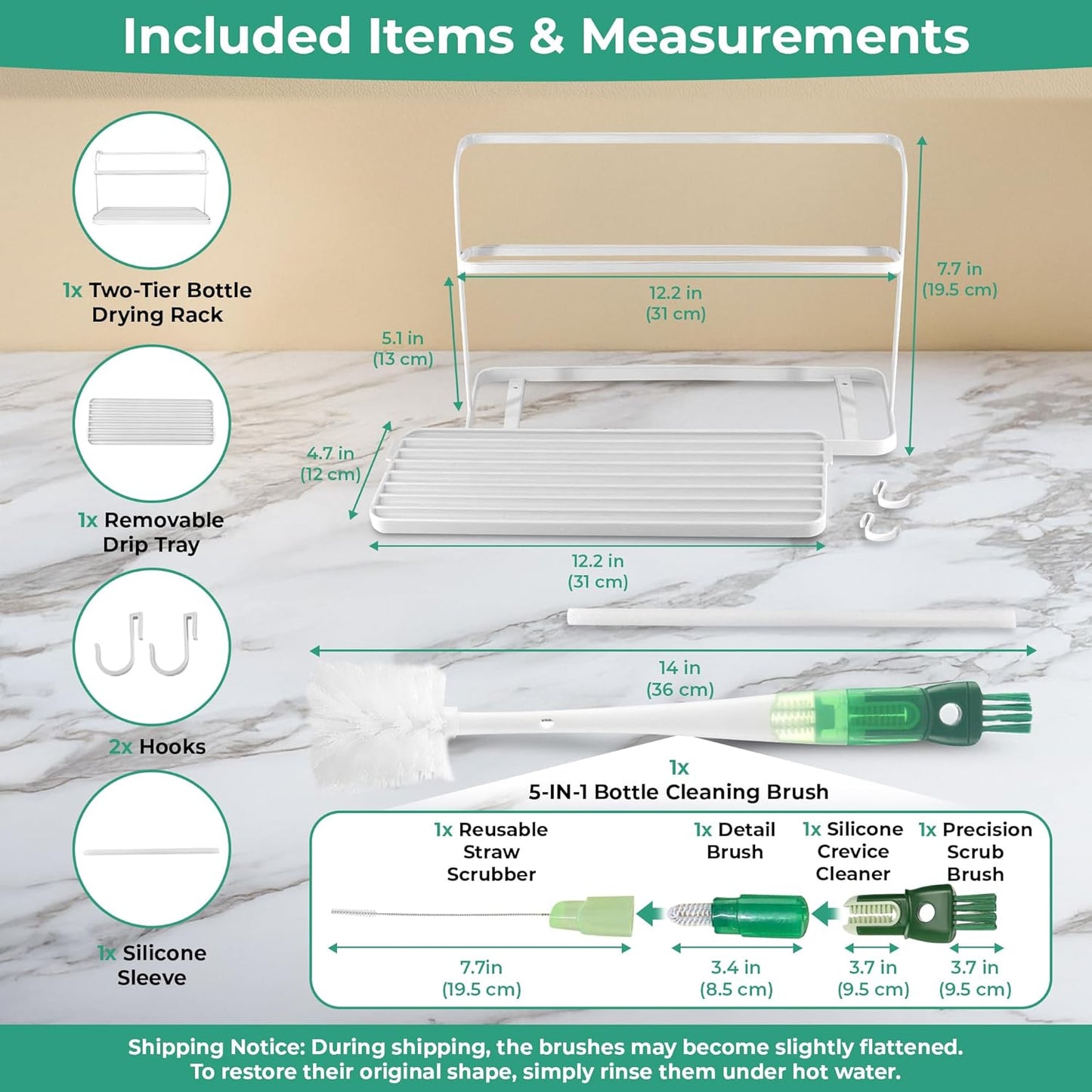 Cup Drying Rack for Counter, Water Bottle Drying Rack for Kitchen Counter, 2-Tier Tumbler, Mug and Glass Drying Rack with Drain Tray and 5-in-1 Cleaning Brush