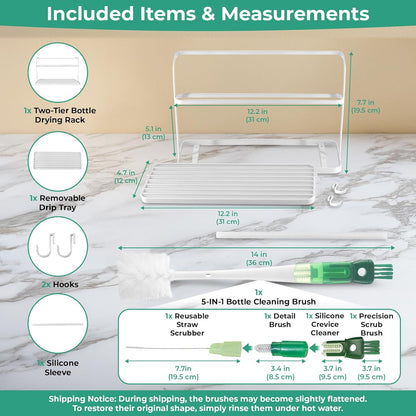 Cup Drying Rack for Counter, Water Bottle Drying Rack for Kitchen Counter, 2-Tier Tumbler, Mug and Glass Drying Rack with Drain Tray and 5-in-1 Cleaning Brush