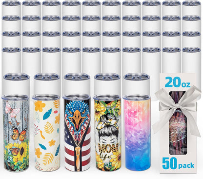 8 Pack 20oz Sublimation Tumbler Blanks Skinny Straight in Bulk, Stainless Steel Insulated Sublimation Tumbler with Polymer Coating for Heat Transfer, With Lid, Straw, ribbon, Gift box