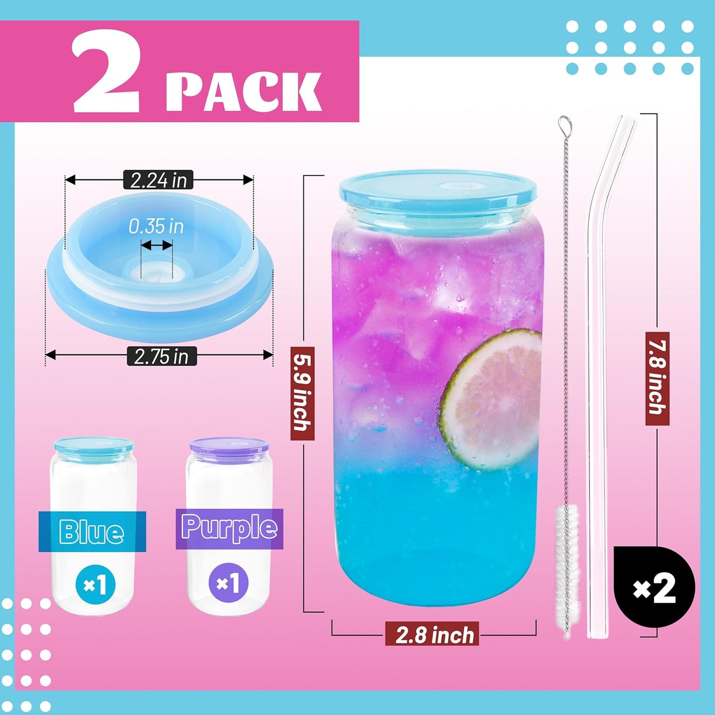 Joyclub 8pcs 16 oz Glass Cups with Acrylic Lids and Straws Can Shaped Iced Coffee Glasses Cute Tumbler Set Drinking Jars for Smoothie Soda Boba Beer Party Housewarming Gifts