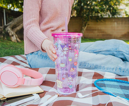 Silver Buffalo Sanrio Hello Kitty and Friends Plastic Boba Tumbler with Lid and Straw Featuring Hello Kitty, Cinnamorroll, Kuromi, My Melody, Badtz Maru, Keroppi, Chococat, and Pompompurin, 24 Ounces