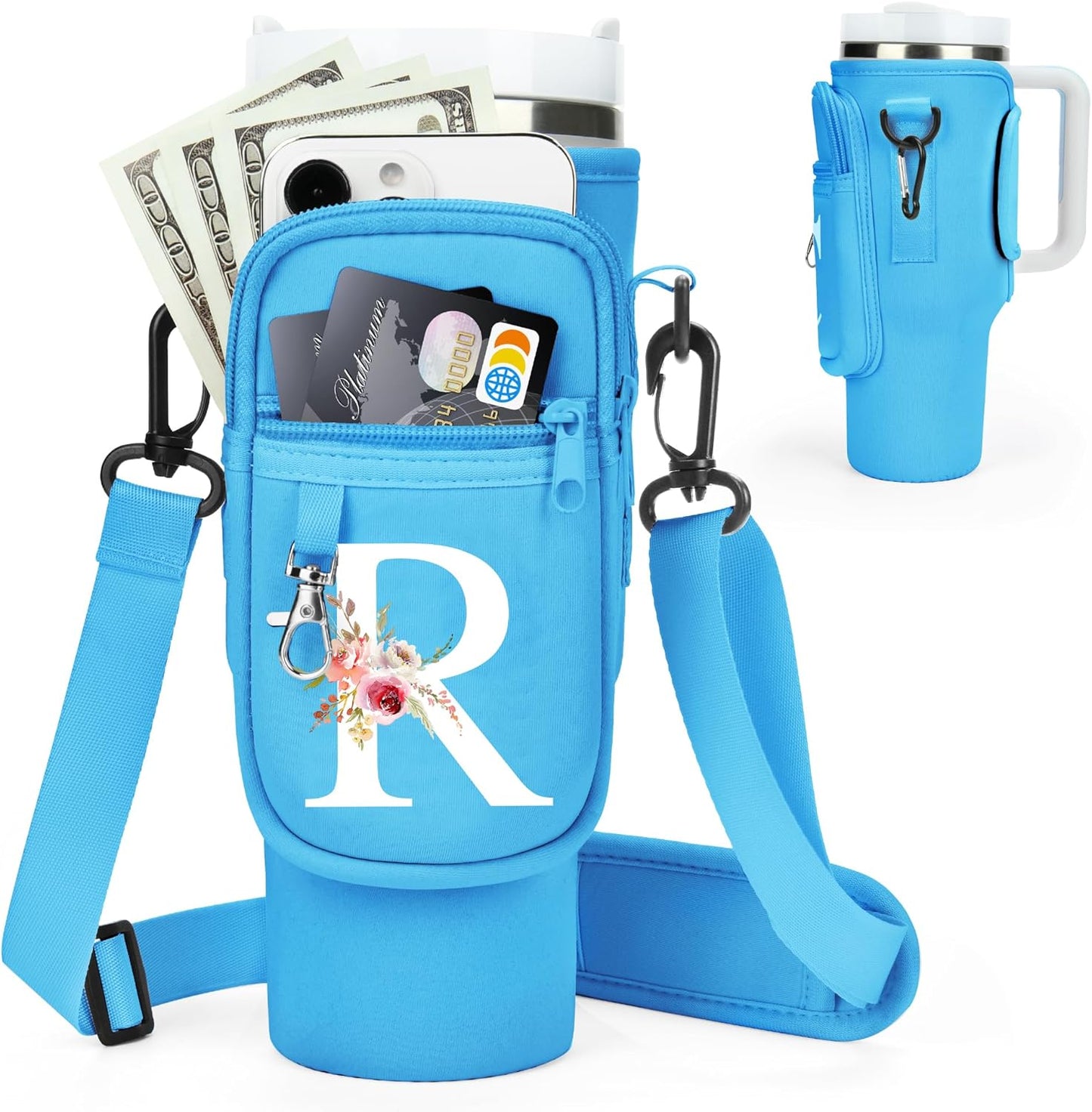 Initial Water Bottle Holder with Strap for Stanley Cup Accessories 40 oz/Simple Modern Tumbler, Birthdays for Women Girls, Water Bottle Carrier Bag with Phone Pocket,Hiking Walking Gym Camping