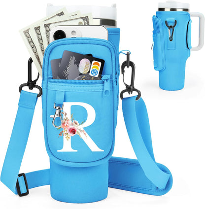Initial Water Bottle Holder with Strap for Stanley Cup Accessories 40 oz/Simple Modern Tumbler, Birthdays for Women Girls, Water Bottle Carrier Bag with Phone Pocket,Hiking Walking Gym Camping