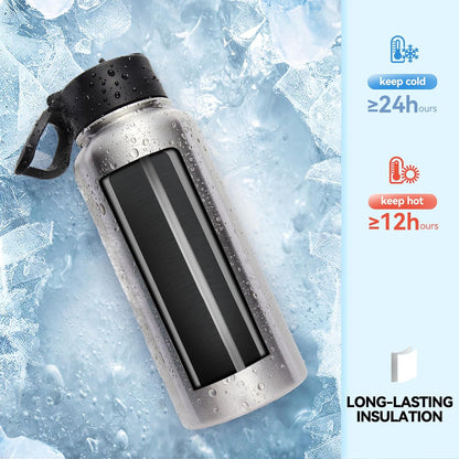 Neihepal 32 oz Insulated Water Bottle with 2 Lids (Straw & Spout Lid), 18/8 Stainless Steel Double Wall Water Bottles for Gym, Travel, Camping, Sports (Silver,1 Pack)