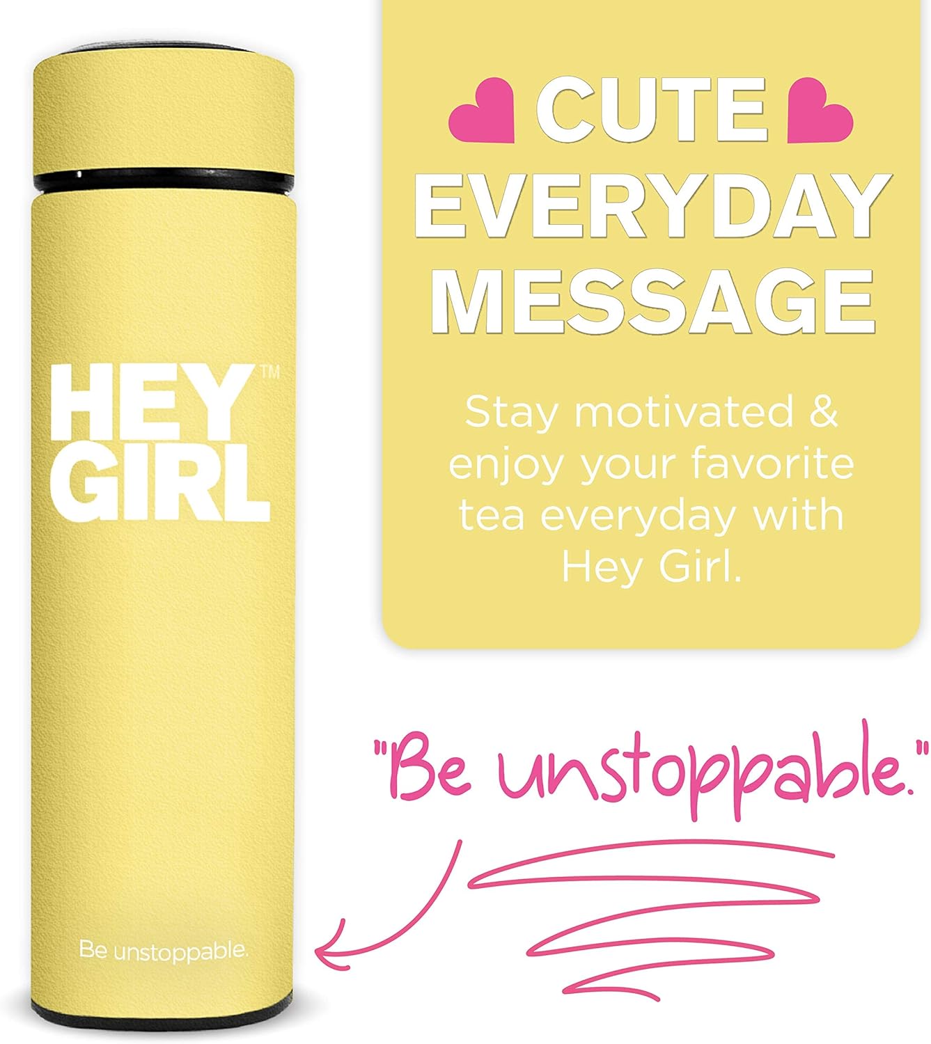 Hey Girl Tea Infuser Bottle 450ml - Insulated Stainless Steel Water Bottle - Tea Tumbler with Tea Diffuser - Portable Travel Mug for Loose Leaf Tea & Infused Water - Tea Lovers Gifts for Women (Pink)