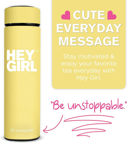 Hey Girl Tea Infuser Bottle 450ml - Insulated Stainless Steel Water Bottle - Tea Tumbler with Tea Diffuser - Portable Travel Mug for Loose Leaf Tea & Infused Water - Tea Lovers Gifts for Women (Pink)