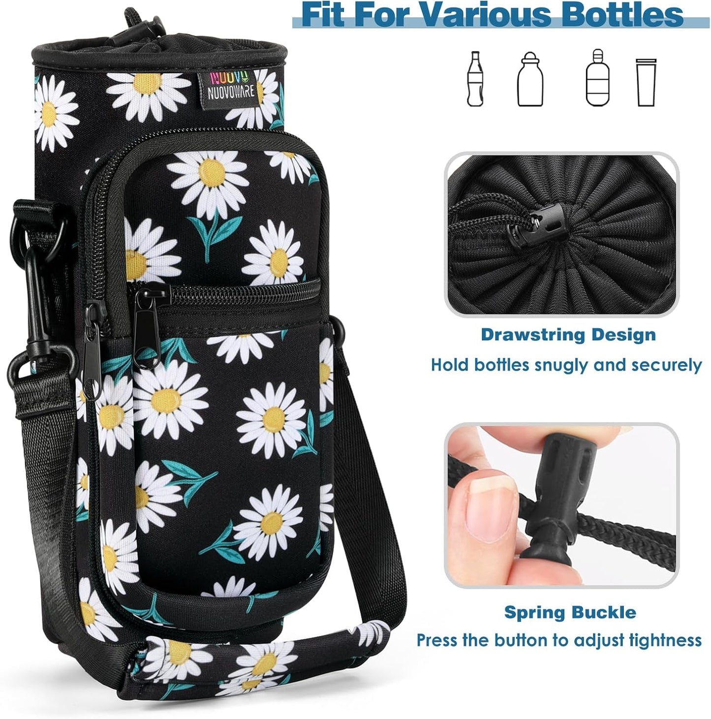 Nuovoware Water Bottle Carrier Bag,25oz/40oz/64oz Bottle Pouch Holder,Adjustable Shoulder Hand Strap 2 Pocket Sling Neoprene Sleeve Sports Accessories for Hiking Travelling Camping