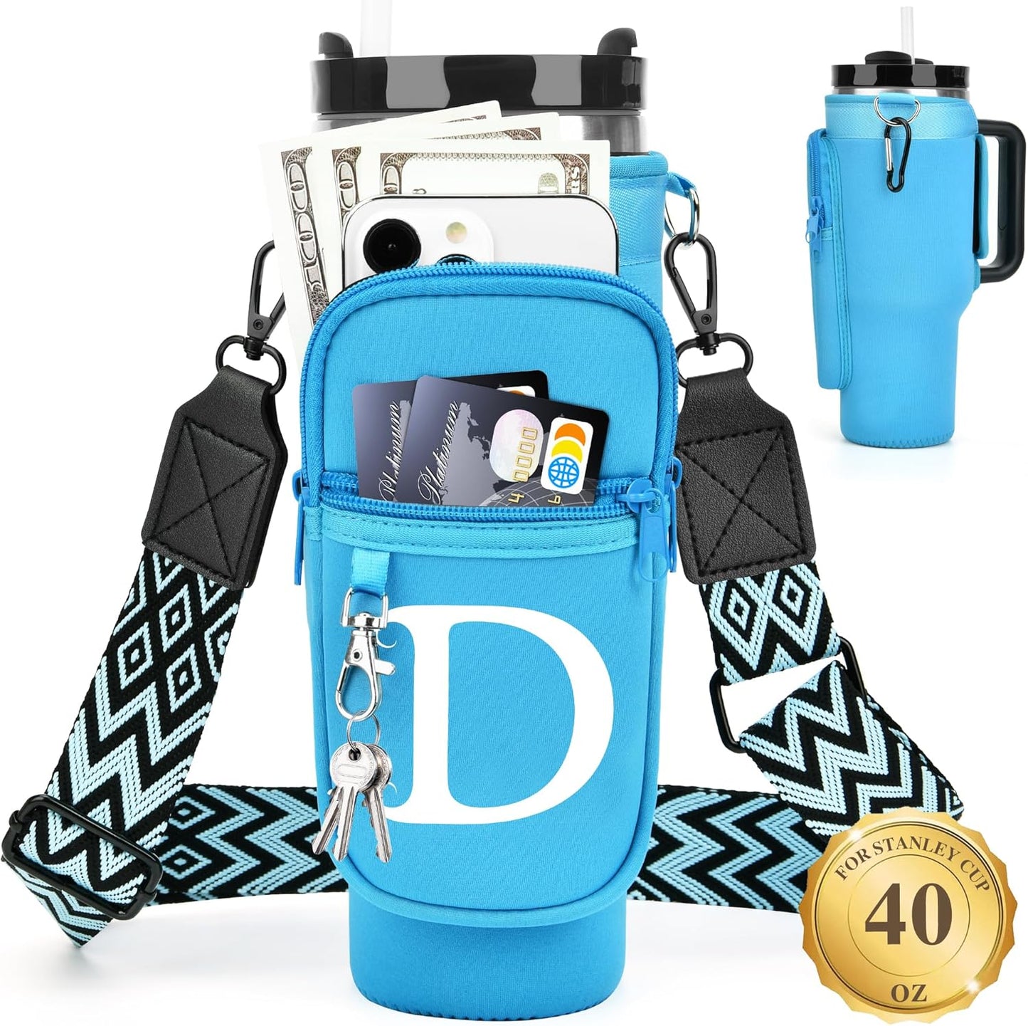 LOKASS Personalized Water Bottle Holder with Strap for Stanley Cup Accessories 40 oz, Initial for Stanley Cup Holder Carrier Bag with Phone Pocket, Stylish Tumbler Accessories for Daily Use Hands-Free