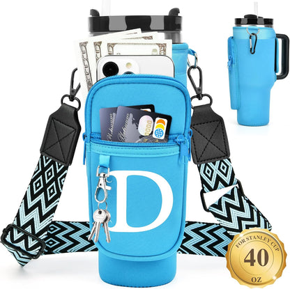 LOKASS Personalized Water Bottle Holder with Strap for Stanley Cup Accessories 40 oz, Initial for Stanley Cup Holder Carrier Bag with Phone Pocket, Stylish Tumbler Accessories for Daily Use Hands-Free
