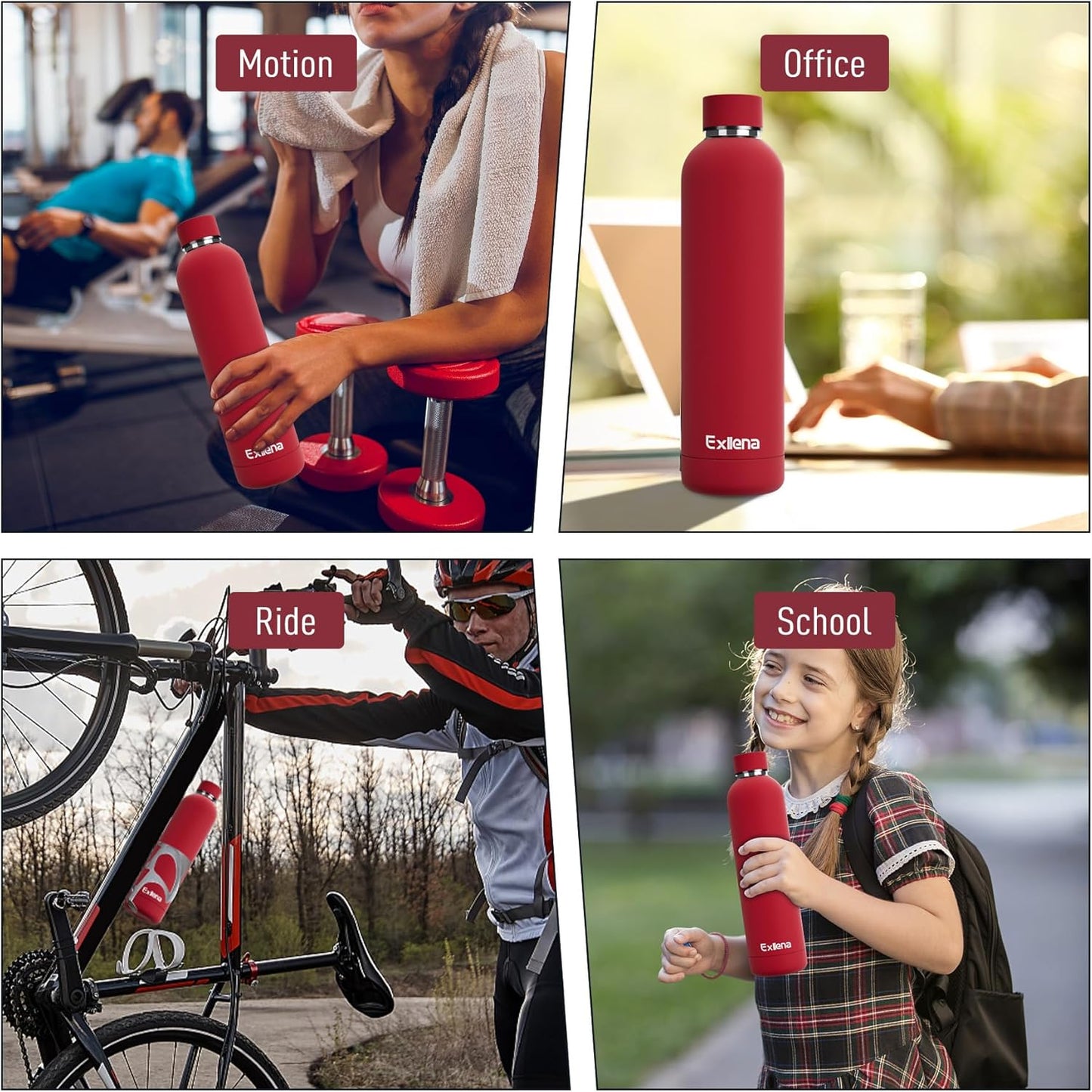 Exllena Slim Insulated Water Bottles for Travel 18oz with Clip, Double Wall Vacuum Stainless Steel Water Bottle Keeps Drinks Cold 24 Hrs/Hot 12 Hrs, 100% Leakproof, BPA Free(Black)
