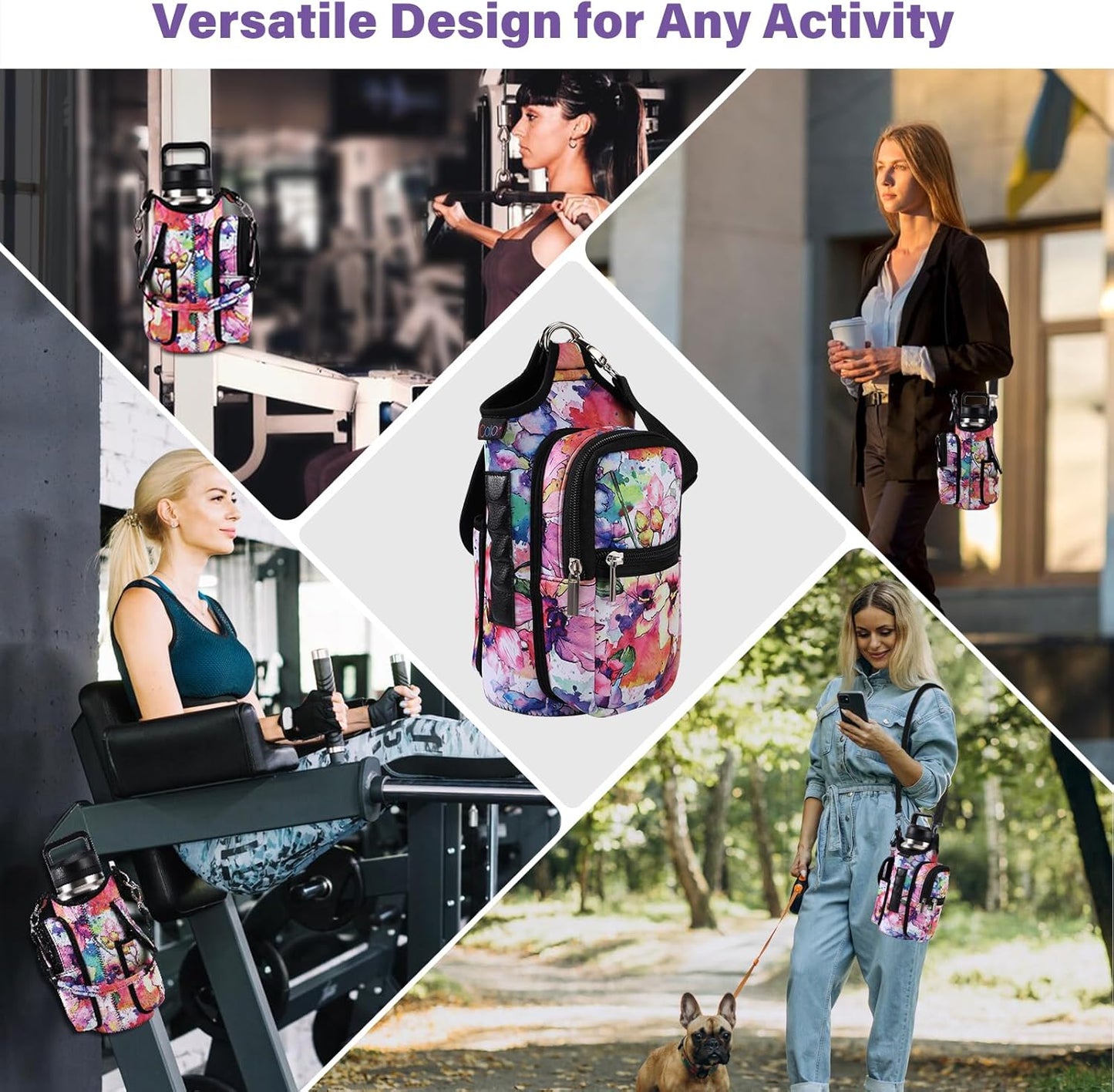 icolor Magnetic Gym Bag Water Bottle Carrier Holder with Phone Pockets & Shoulder Strap,Gym Magnetic Bag 5 Built-in Magnets Gym Accessories Organizer Sling Bottle Bag Pouch Sleeve