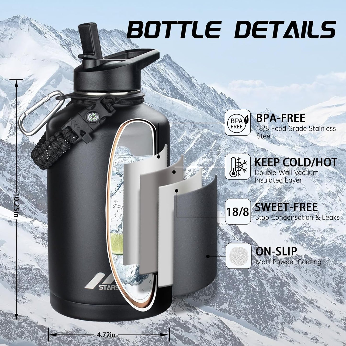 StarSpeed 32oz Insulated Water Bottle with Straw Lid, Stainless Steel Double Walled Vacuum Water Flask, Wide Mouth Sports Water Bottle for Gym Camping Hiking, Indigo Black
