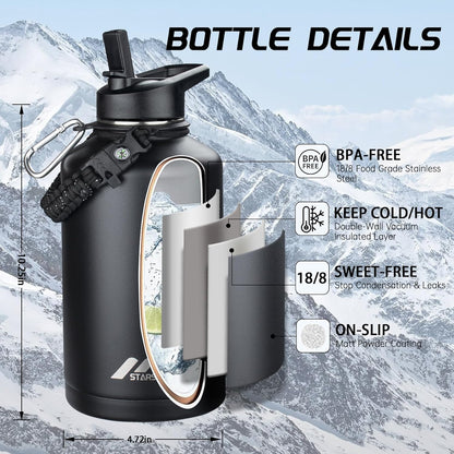 StarSpeed 32oz Insulated Water Bottle with Straw Lid, Stainless Steel Double Walled Vacuum Water Flask, Wide Mouth Sports Water Bottle for Gym Camping Hiking, Indigo Black
