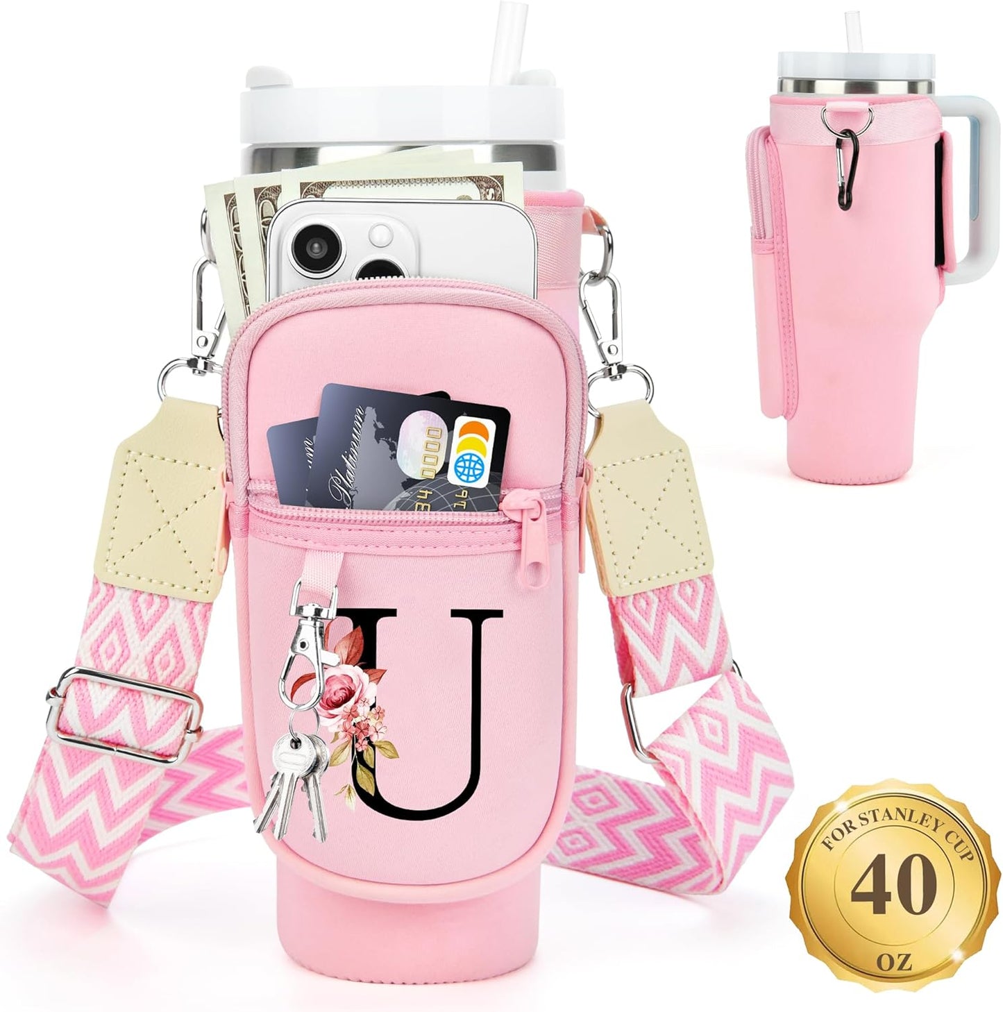LOKASS Personalized Water Bottle Holder with Strap for Stanley Cup Accessories 40 oz, Initial for Stanley Cup Holder Carrier Bag with Phone Pocket, Stylish Tumbler Accessories for Daily Use Hands-Free