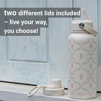 25oz Insulated Stainless Steel Aesthetic Cute Water Bottle - 2 Lids Included (Straw + Sport Handle), Leakproof BPA-Free, Dreamy Cream Cute Floral Design, Perfect Gym/Yoga/Office Companion