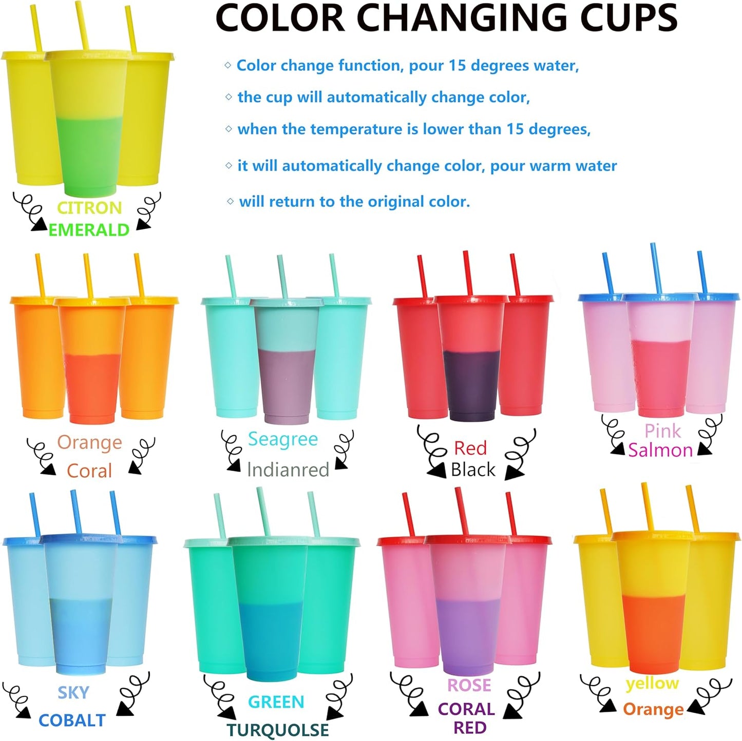 Color Changing Cups, 5 Pack 24oz Plastic Tumblers, Reusable Iced Coffee & Smoothie Cups with Lids and Straws for Parties and Travel