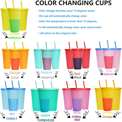 Color Changing Cups, 5 Pack 24oz Plastic Tumblers, Reusable Iced Coffee & Smoothie Cups with Lids and Straws for Parties and Travel