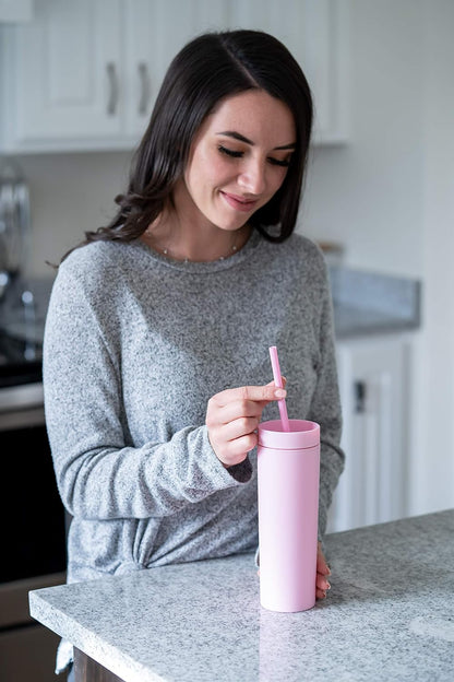 STRATA CUPS Perwinkle Skinny Tumblers with Lids and Straws (4 pack), 16oz Matte Pastel Colored Acrylic Tumblers with Lids and Straws, Double Wall Skinny Tumbler Bulk, Reusable Cup with Straw Cleaner