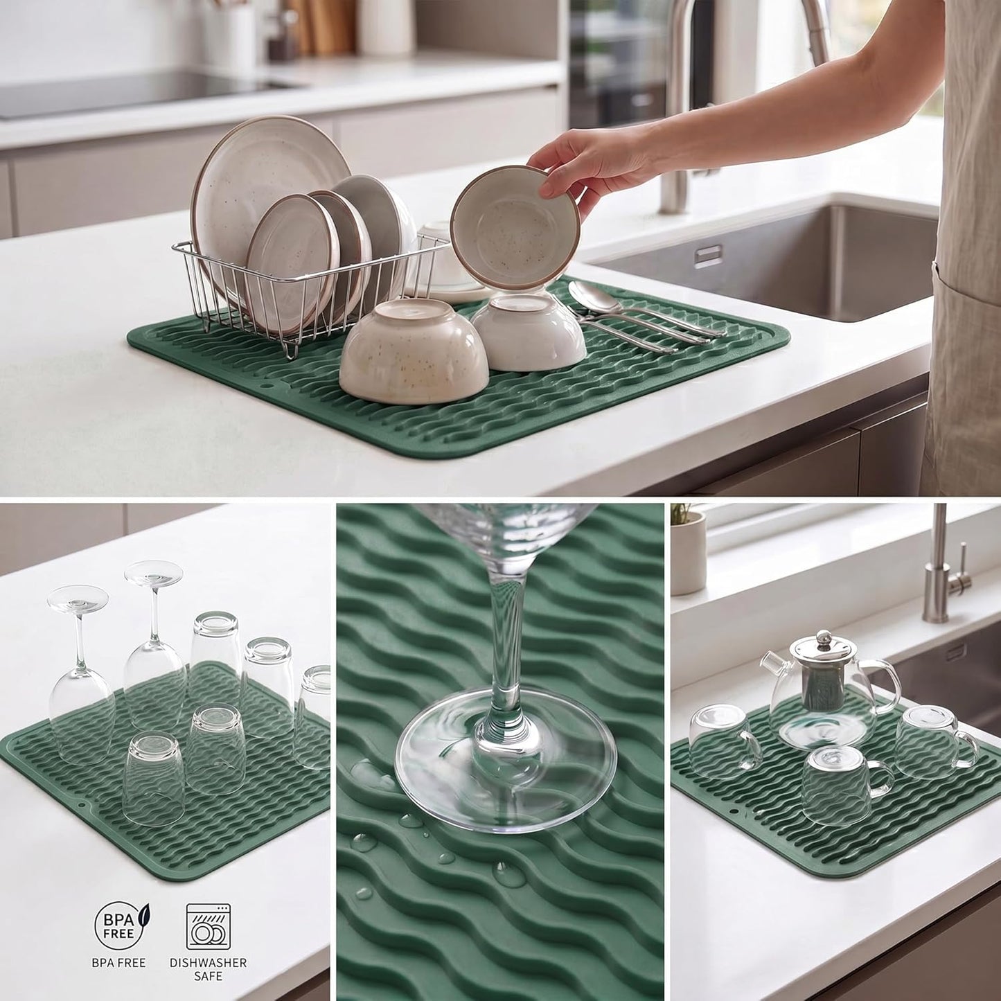 MicoYang Silicone Dish Drying Mat for Multiple Usage,Easy clean,Eco-friendly,Heat-resistant Silicone Mat for Kitchen Counter,Sink,Bar,Bottle,or Cup Green M 17 inches x 6 inches