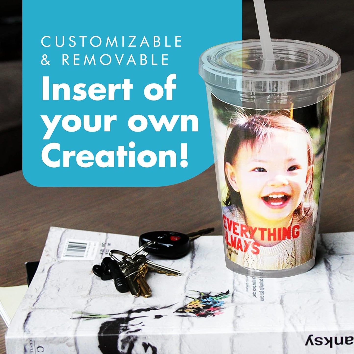 Simple Green Solutions - Customizable Paper Insert Acrylic Double Wall Cup for Cold Drinks, Clear Reusable Cups with Lids & Straws, Insulated Plastic Tumblers with Lids & Straw, Acrylic Tumblers, 16oz