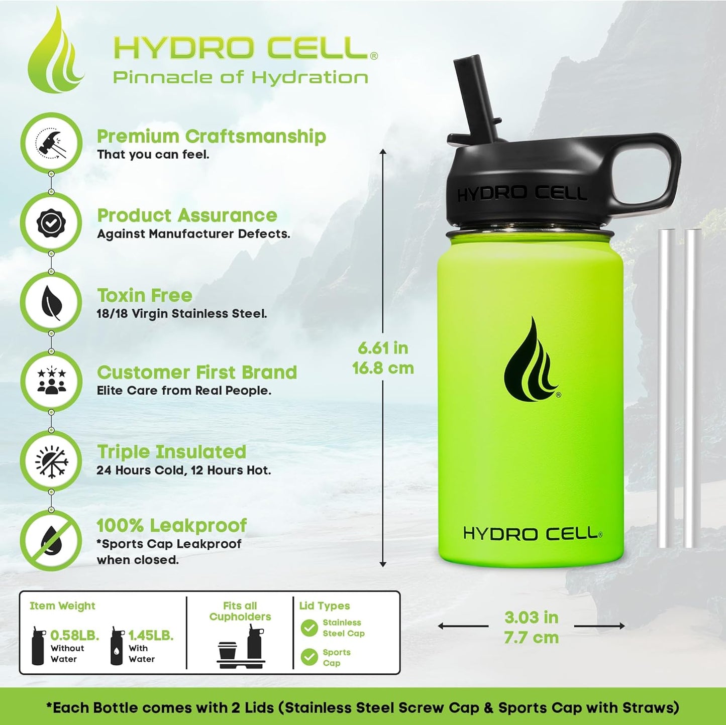 HYDRO CELL Stainless Steel Insulated Water Bottle with Straw - For Cold & Hot Drinks - Metal Vacuum Flask with Screw Cap and Modern Leakproof Sport Thermos for Adults (Neon 18oz)