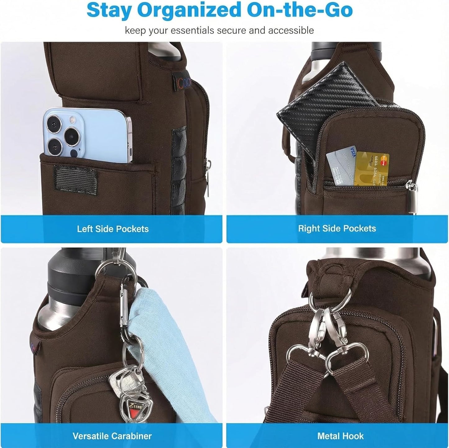icolor Magnetic Gym Bag Water Bottle Carrier Holder with Phone Pockets & Shoulder Strap,Gym Magnetic Bag 5 Built-in Magnets Gym Accessories Organizer Sling Bottle Bag Pouch Sleeve